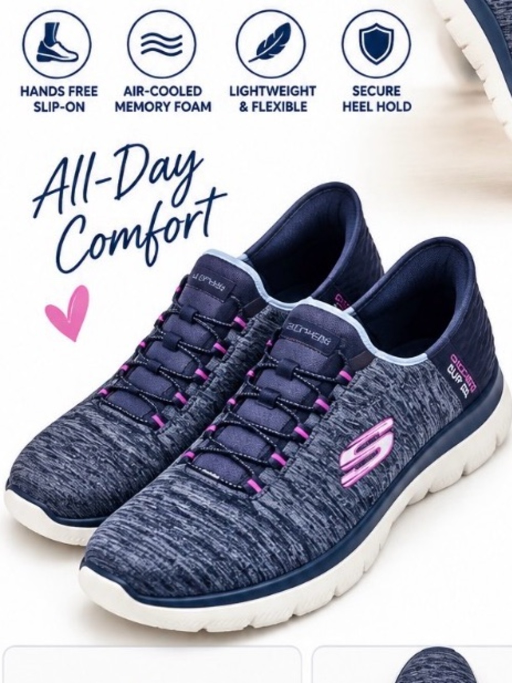 Skechers Women's Navy and Pink Slip-On Vegan Memory Foam Sneakers - Picture 5 of 6